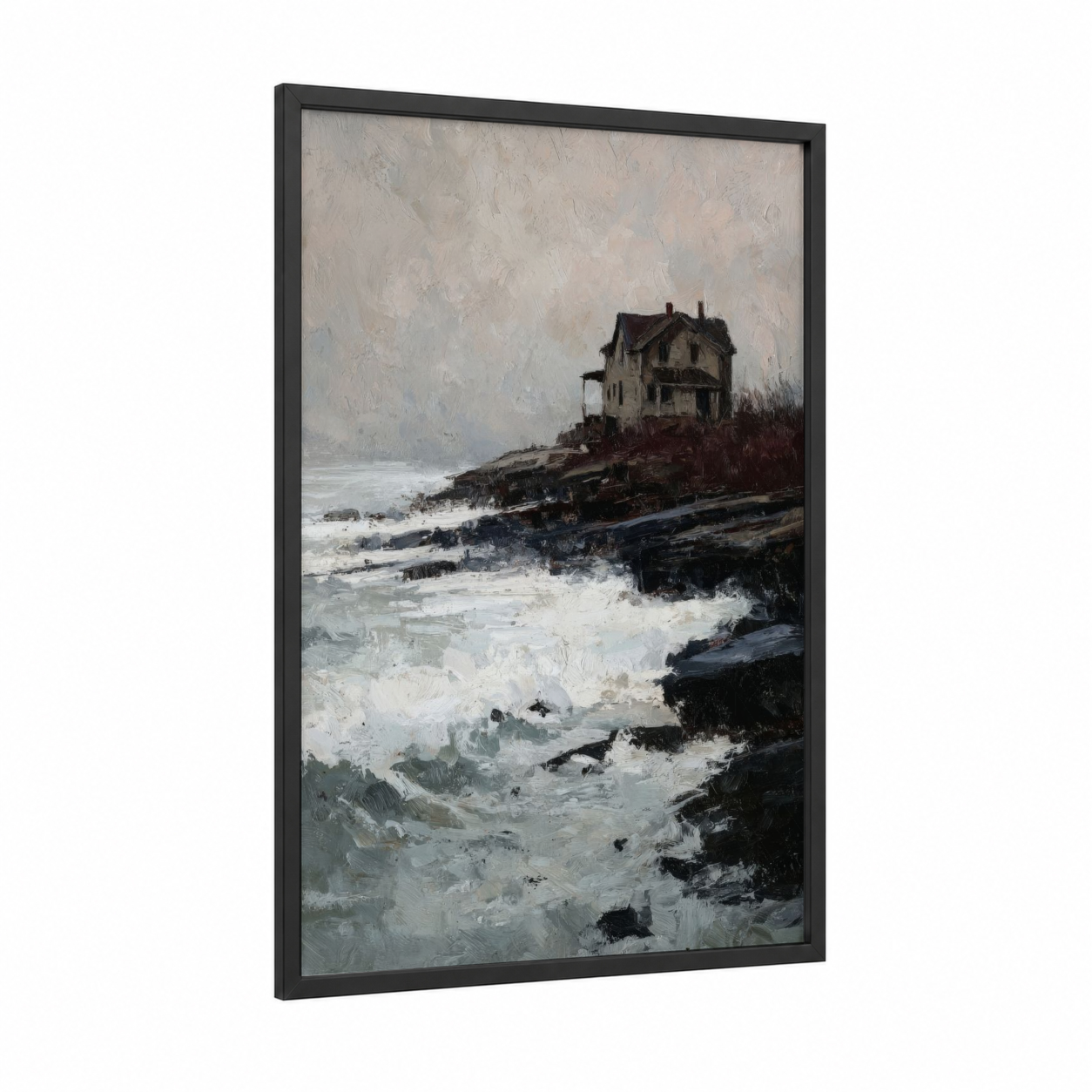 Coastal Mansion framed beach town print — black wood frame — gray and black and white palette