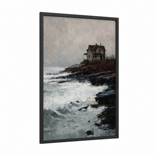 Coastal Mansion framed beach town print — black wood frame — gray and black and white palette