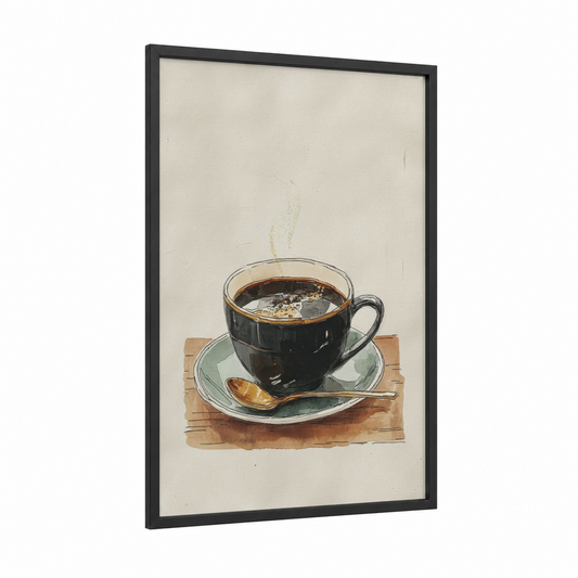 Steaming Coffee Moment framed art print — black wood frame — cream and brown palette