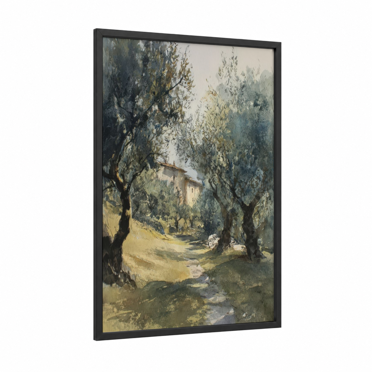 Tuscan Olive Grove framed olive tree print — black wood frame — sage green and gold palette