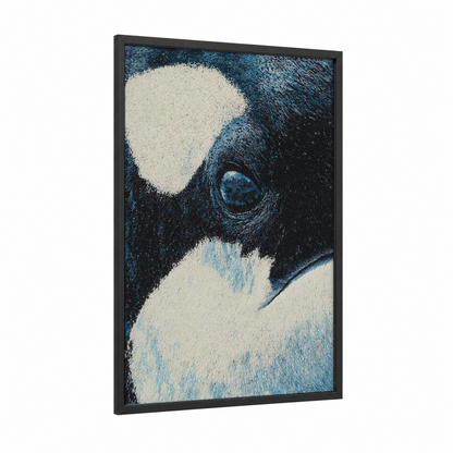 Orca Eye Close-up framed orca whale print — black wood frame — blue and white and black palette