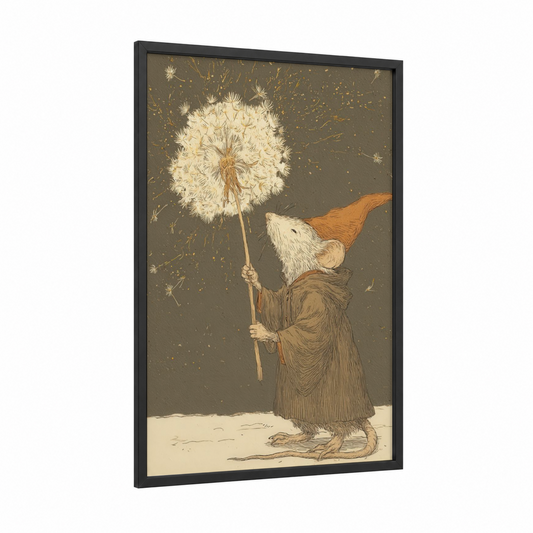 Dandelion Wish Mouse framed mice print — black wood frame — beige and gold palette