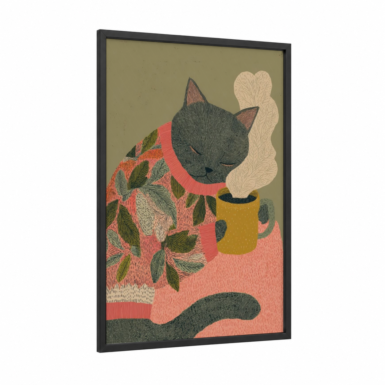 Cozy Cat Tea framed art print — black wood frame — sage green and salmon pink palette