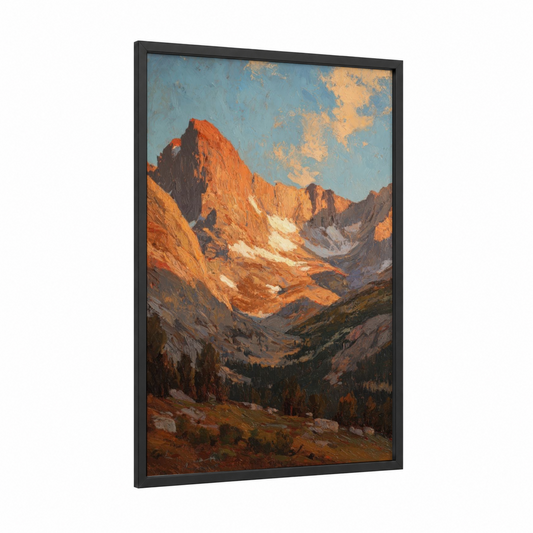 Alpine Glow Sierra framed sierra nevada print — black wood frame — russet and blue palette