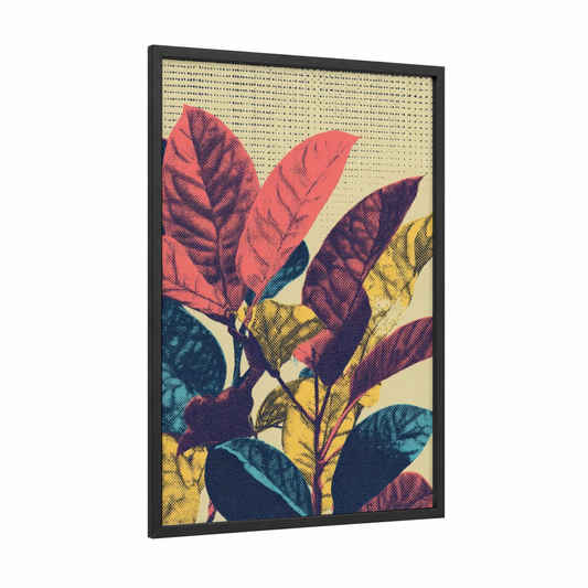 Tropical Leaf Composition framed art print — black wood frame — pink and teal palette