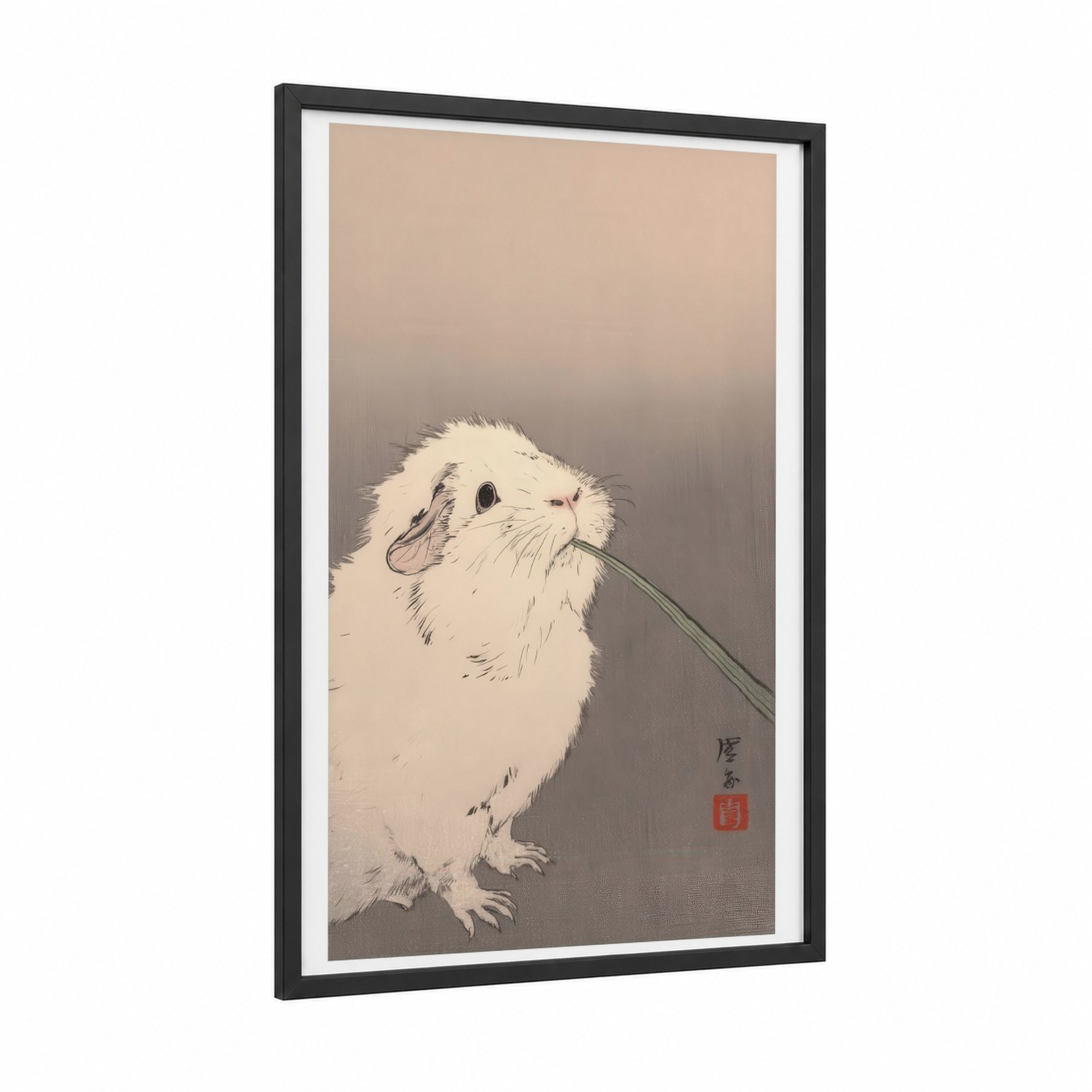 Curious Guinea Pig framed art print — black wood frame — beige and dove gray palette