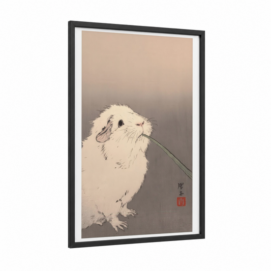 Curious Guinea Pig framed art print — black wood frame — beige and dove gray palette