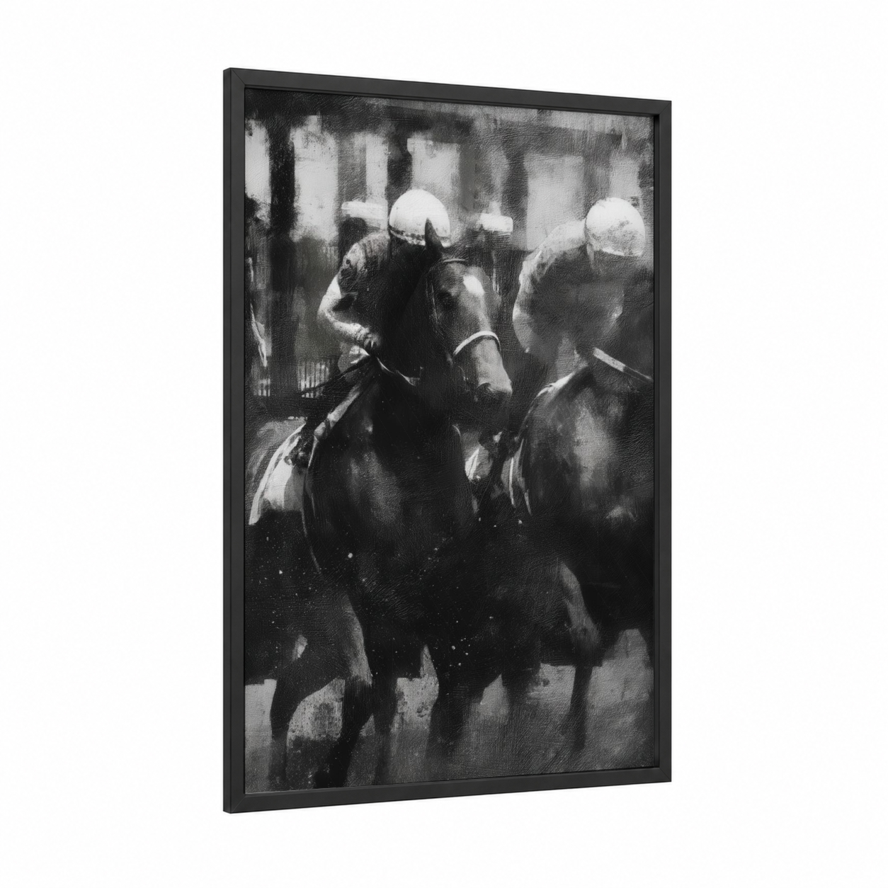 Racing Thoroughbreds framed thoroughbred horse print — black wood frame — black and white palette