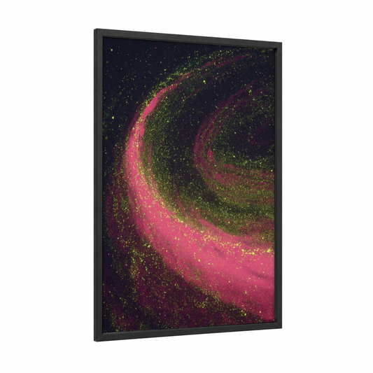 Cosmic Nebula framed art print — black wood frame — magenta and lime green palette