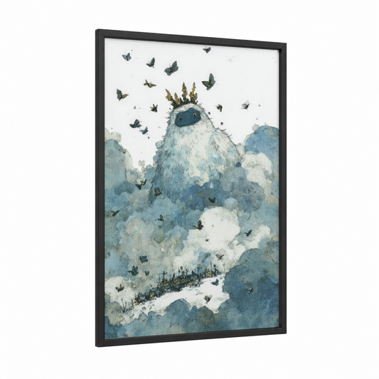 Cloud Guardian Yeti framed art print — black wood frame — blue and white and gray palette