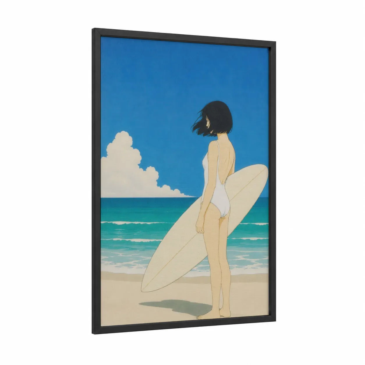 Beach Surfer Girl Wall Art framed surfing print — black wood frame — blue and teal palette