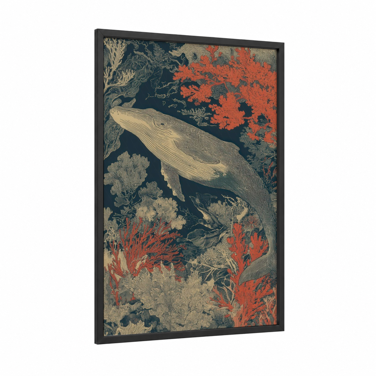 Coral Reef Whale framed gray whale print — black wood frame — teal and salmon pink palette