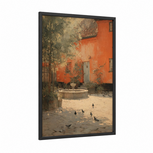 Terracotta Courtyard framed fountains print — black wood frame — pumpkin and cream palette