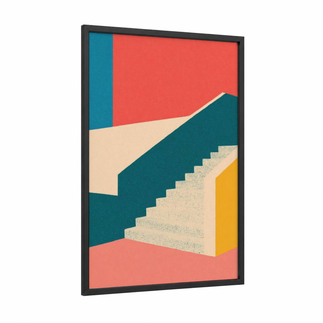 Coral Staircase framed art print — black wood frame — teal and salmon pink palette