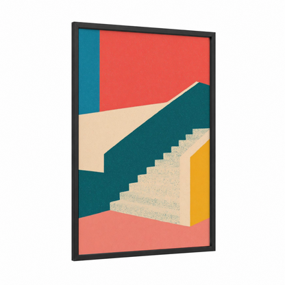 Coral Staircase framed art print — black wood frame — teal and salmon pink palette
