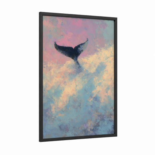 Pastel Whale Dance framed humpback whale print — black wood frame — pink and blue palette