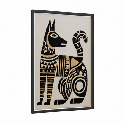 Egyptian Jackal framed abstract traditional print — black wood frame — black and gold palette