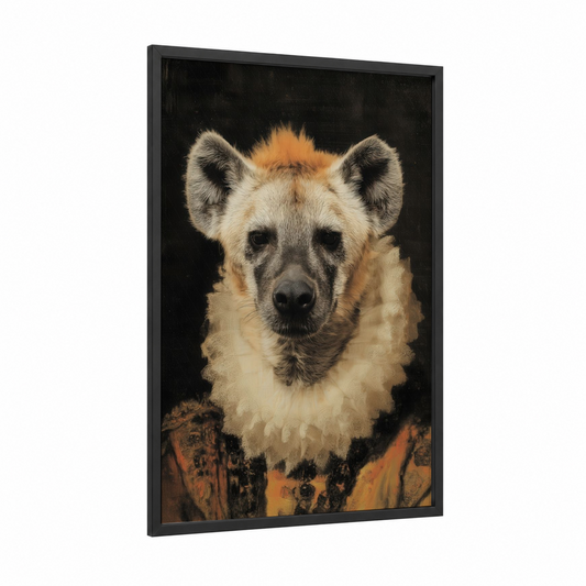 Regal Hyena framed art print — black wood frame — gold and black and white palette