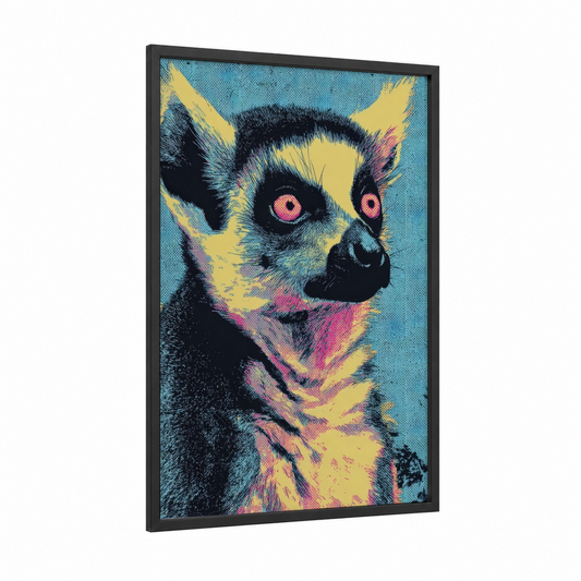 Neon Lemur Portrait framed art print — black wood frame — yellow and magenta palette