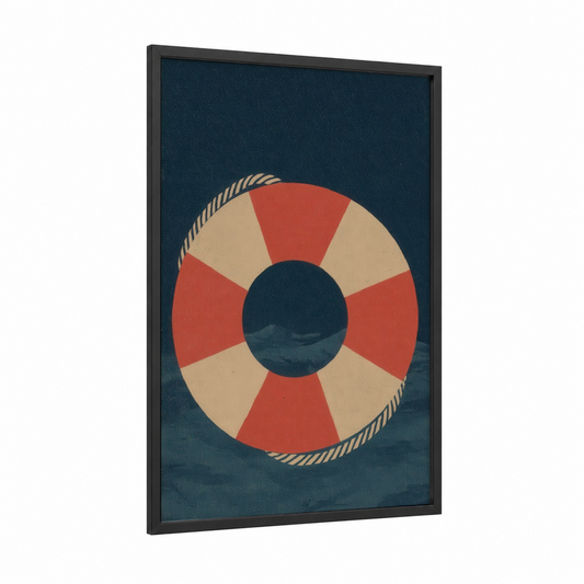 Vintage Life Ring framed art print — black wood frame — red and cream palette