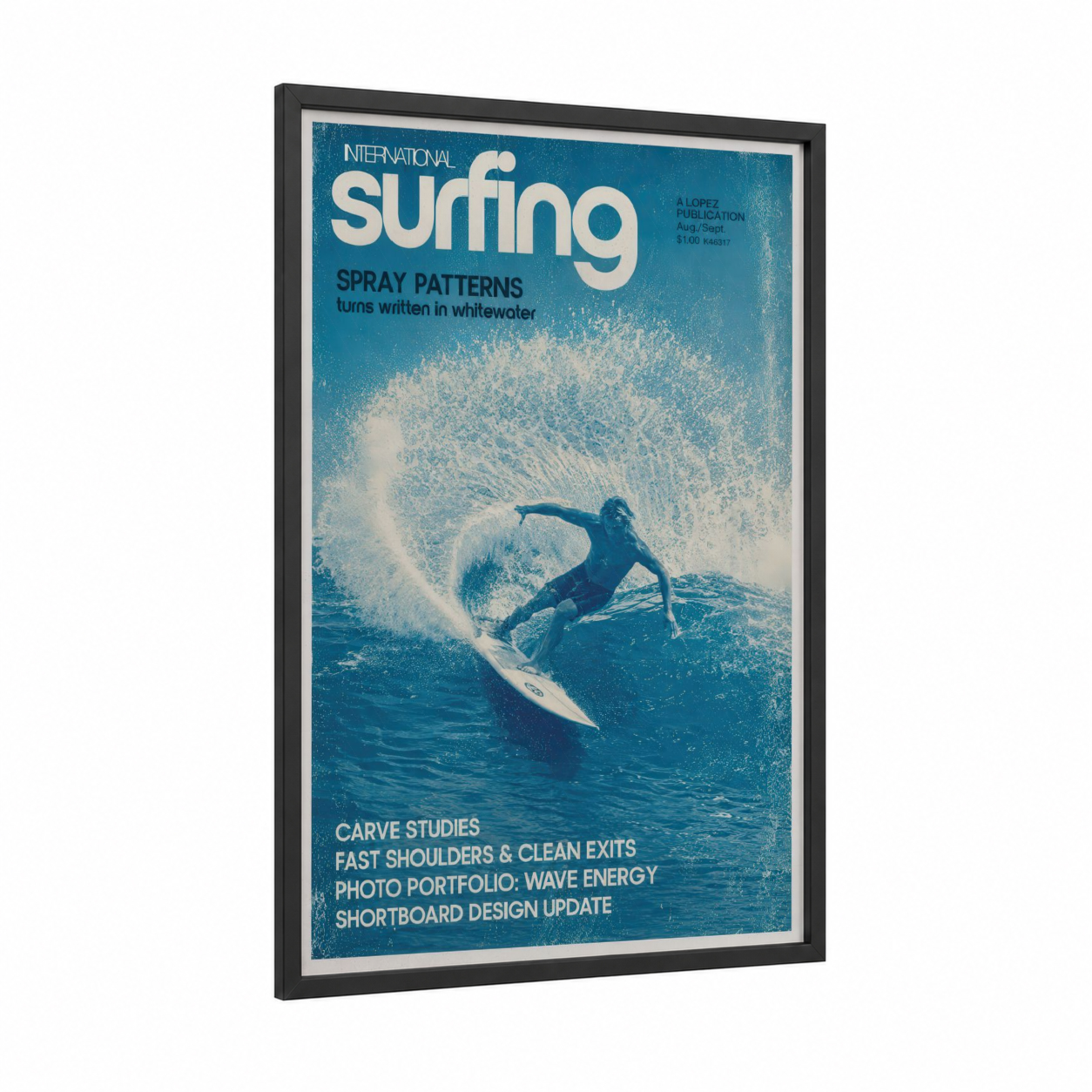 Vintage Surfing Magazine Cover Wall Art framed water surfing print — black wood frame — blue and blue and white palette