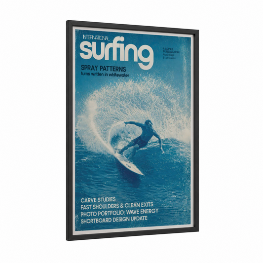 Vintage Surfing Magazine Cover Wall Art framed water surfing print — black wood frame — blue and blue and white palette