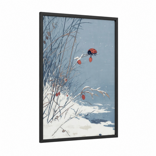 Snowy Ladybug framed art print — black wood frame — blue and white palette