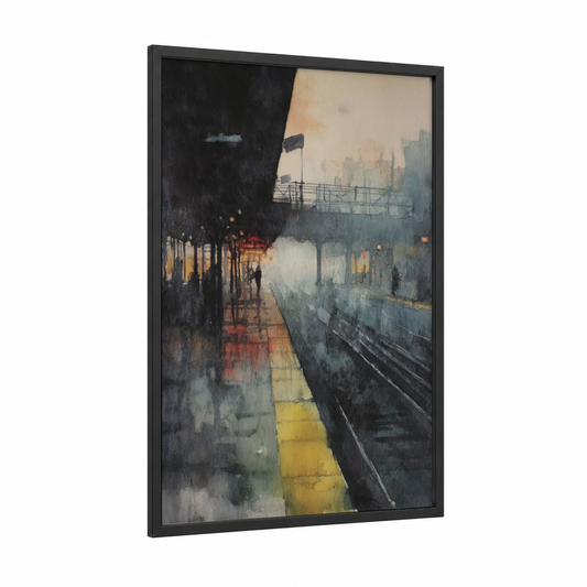 Rainy Subway Station framed art print — black wood frame — gold and dove gray palette