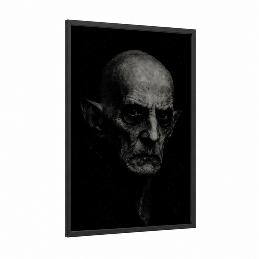 Shadowed Vampire framed art print — black wood frame — black and white palette
