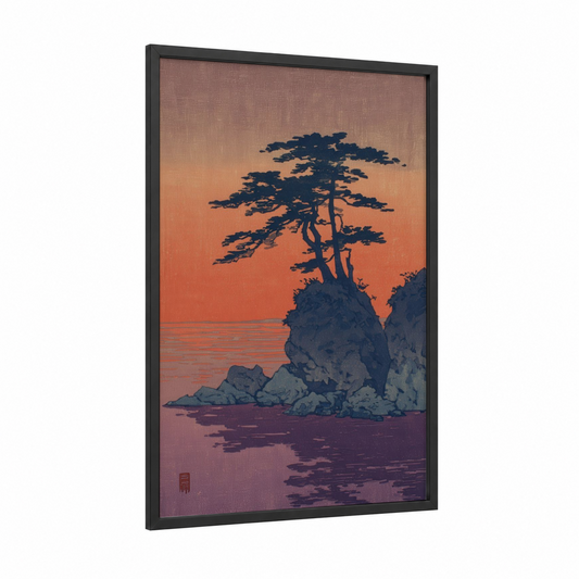 Coastal Cypress framed cypress tree print — black wood frame — orange palette