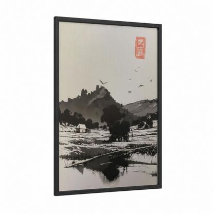 Misty Rural Valley framed various landscapes print — black wood frame — black and white and gray palette