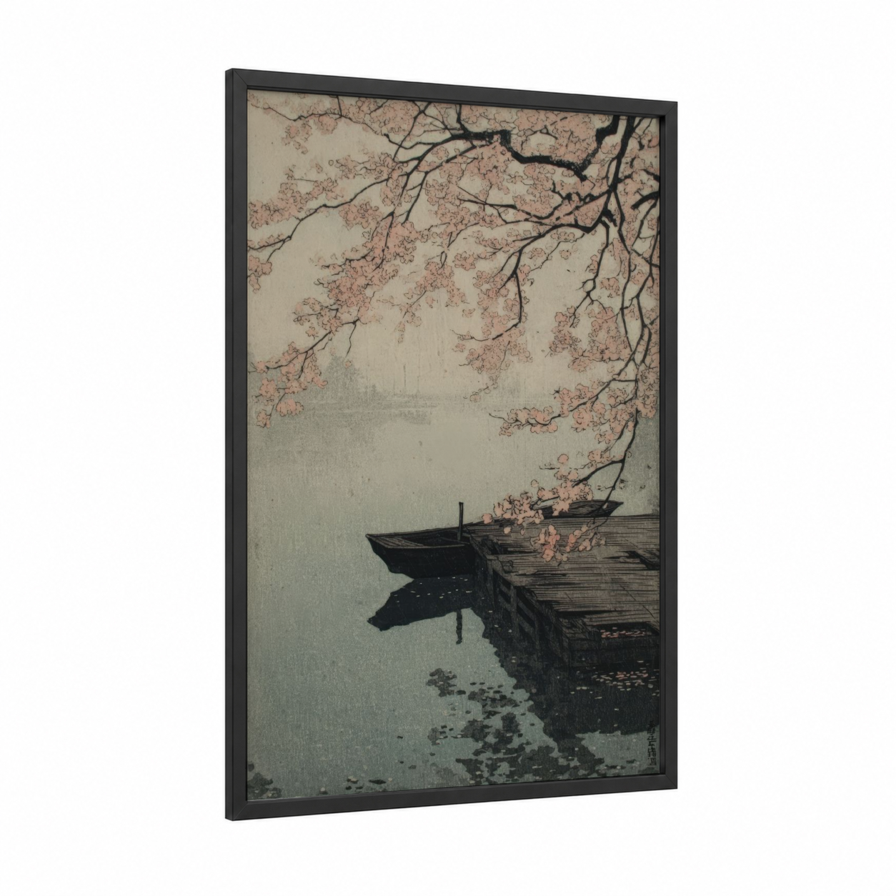 Misty Dock Bloom framed docks and piers print — black wood frame — cream and gray palette