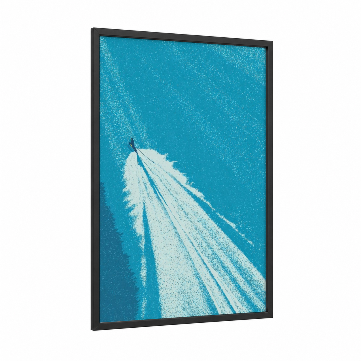 Aerial Water Skiing framed art print — black wood frame — turquoise and white palette