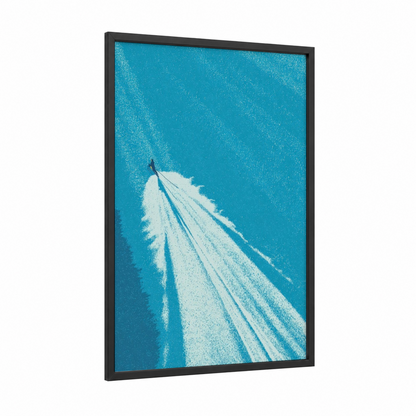 Aerial Water Skiing framed art print — black wood frame — turquoise and white palette