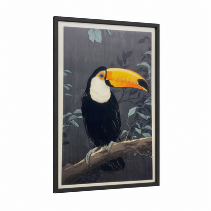 Toucan Branch Portrait framed art print — black wood frame — gray and gold palette