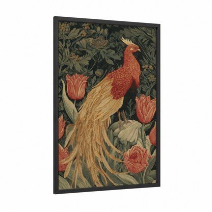 Crimson Phoenix Garden framed art print — black wood frame — dark green and gold palette