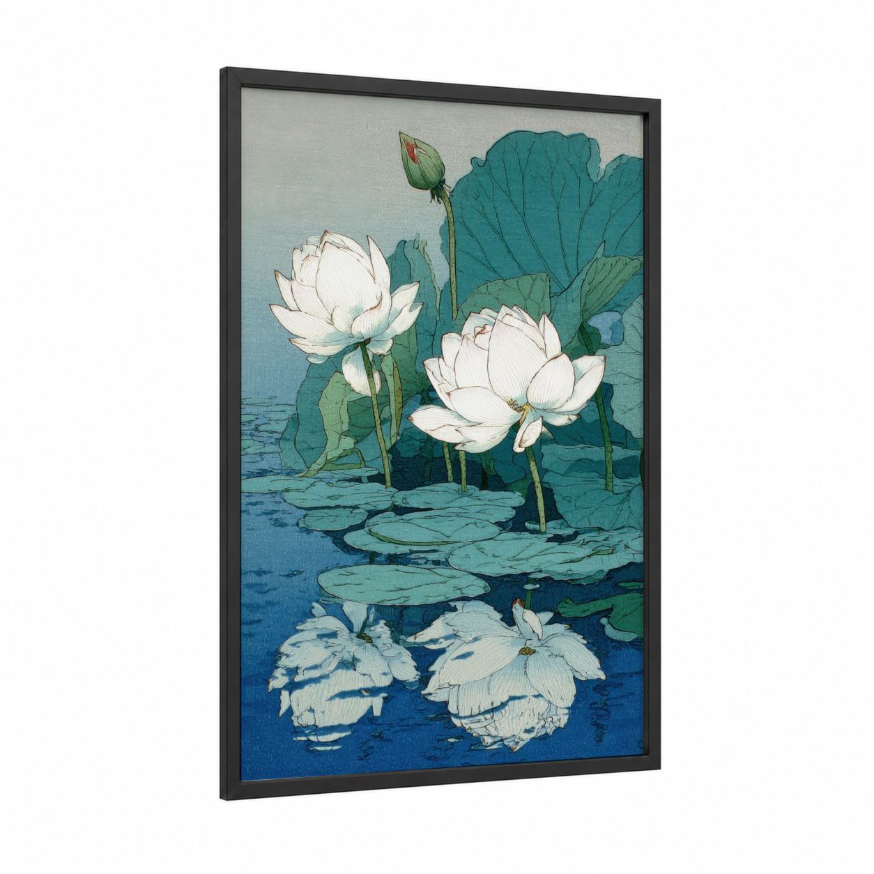 White Lotus Reflections framed art print — black wood frame — white and teal palette