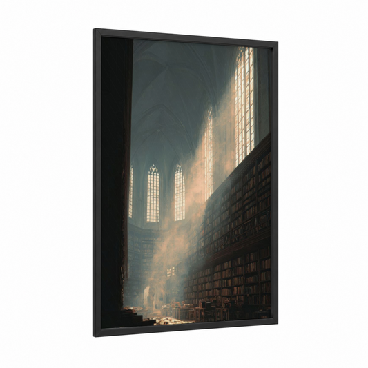 Sacred Light Monastery framed art print — black wood frame — gold and gray palette