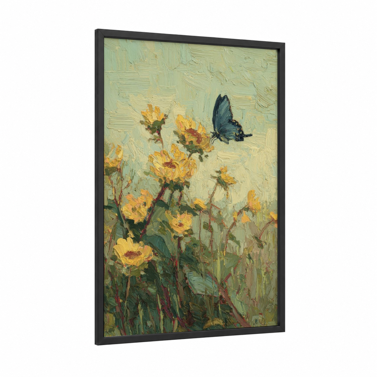 Sunflower Butterfly framed art print — black wood frame — yellow gold and light green palette