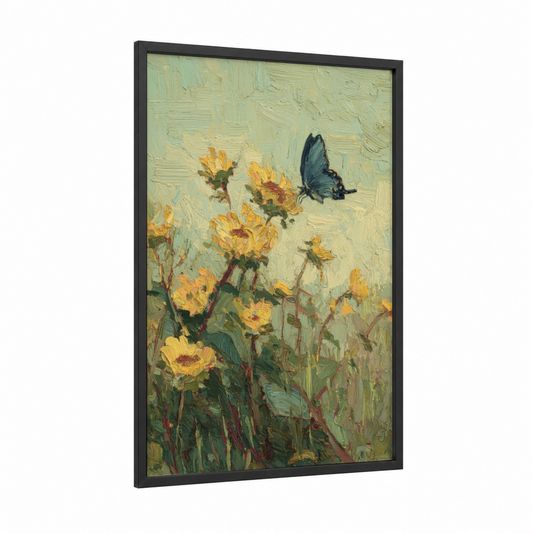 Sunflower Butterfly framed art print — black wood frame — yellow gold and light green palette