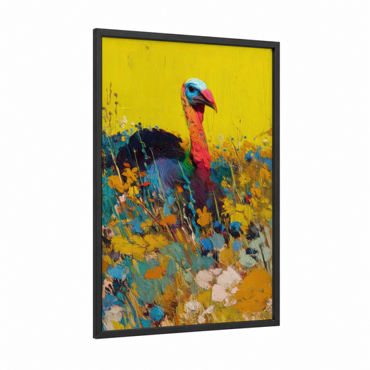 Colorful Turkey Meadow framed art print — black wood frame — yellow gold and blue palette