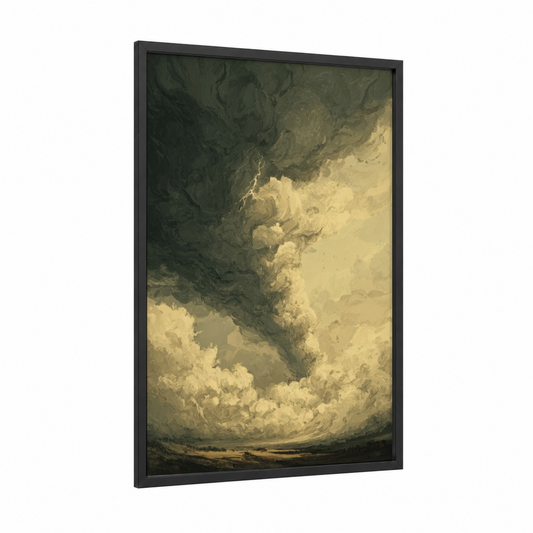 Stormy Tornado framed art print — black wood frame — olive and cream palette