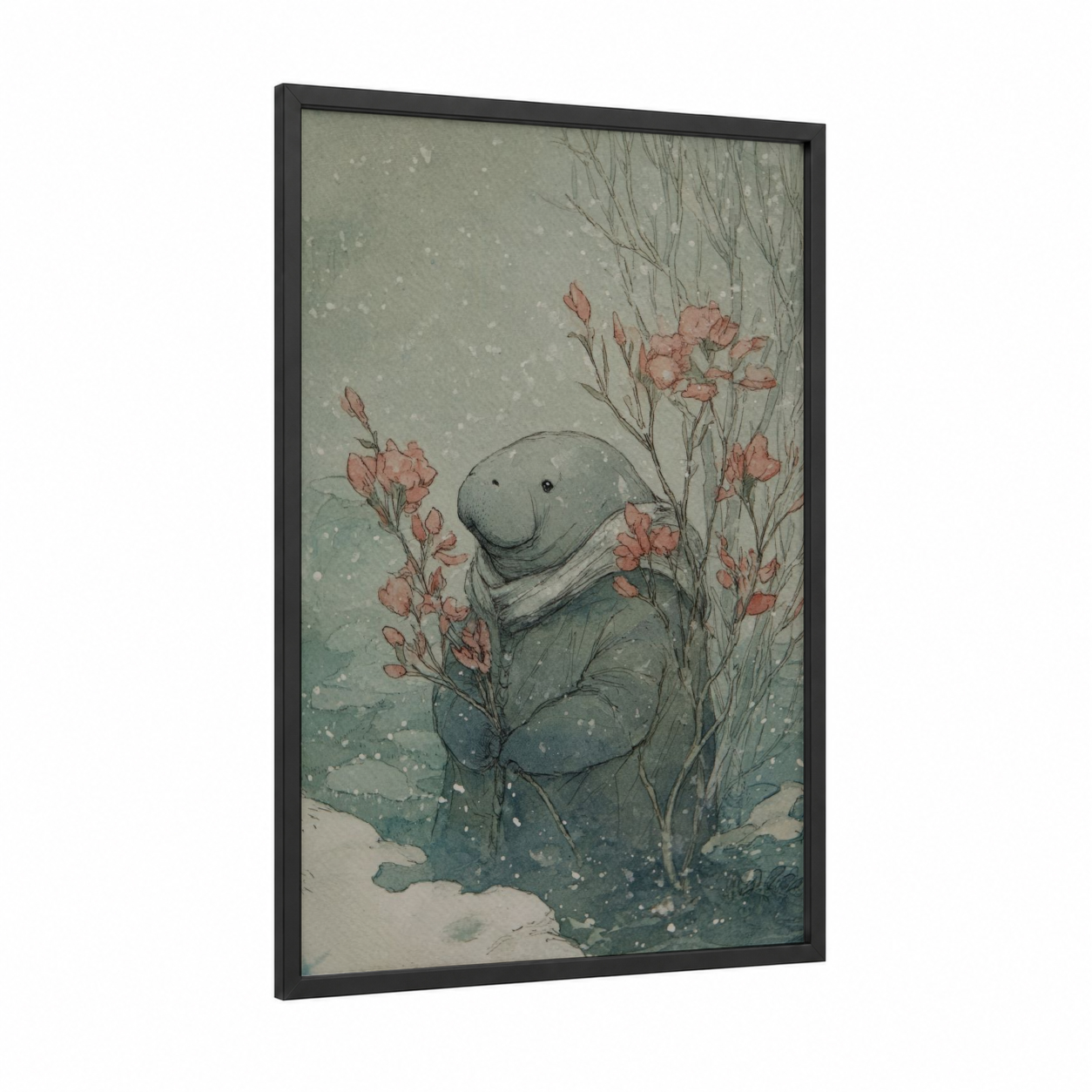 Snowy Manatee framed manatees print — black wood frame — sage green and peach palette