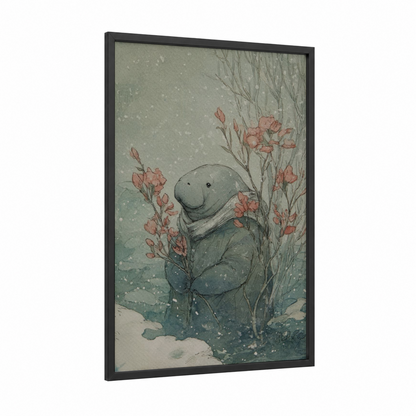 Snowy Manatee framed manatees print — black wood frame — sage green and peach palette