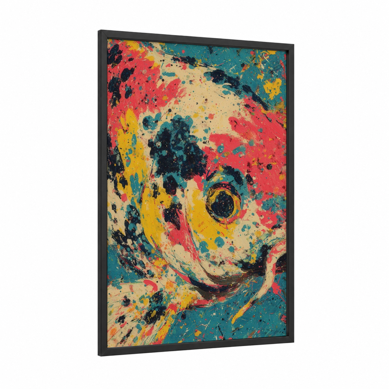Vibrant Koi Dream framed koi fish print — black wood frame — red and gold palette
