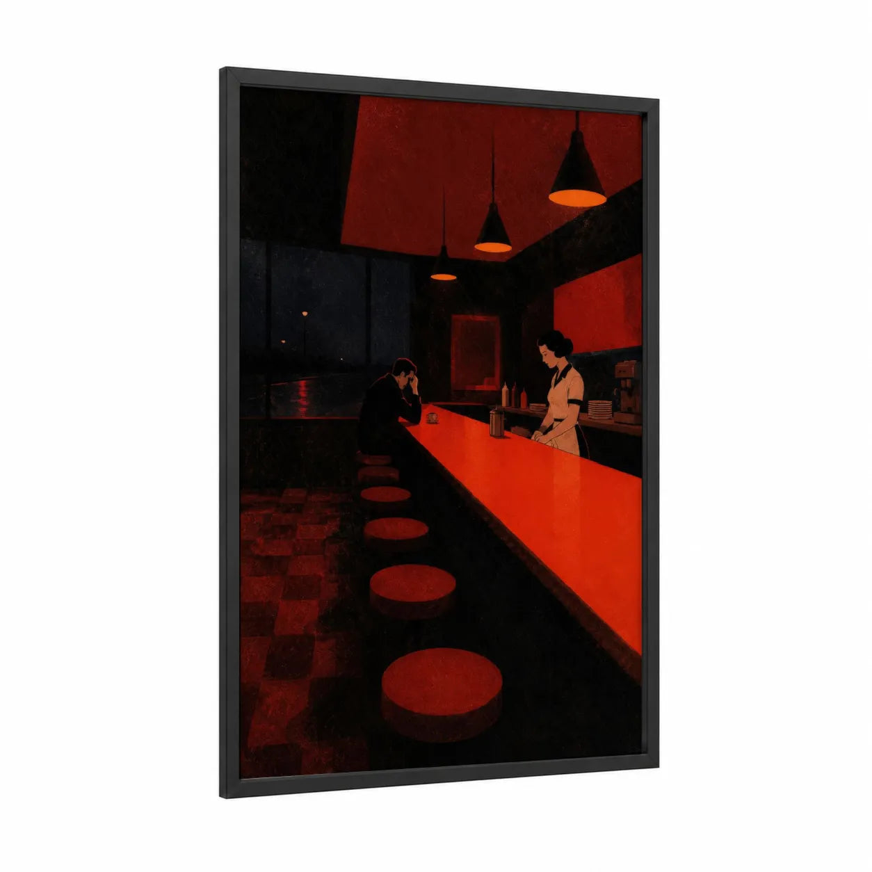 Vintage Bar Interior Wall Art framed art print — black wood frame — red and black palette