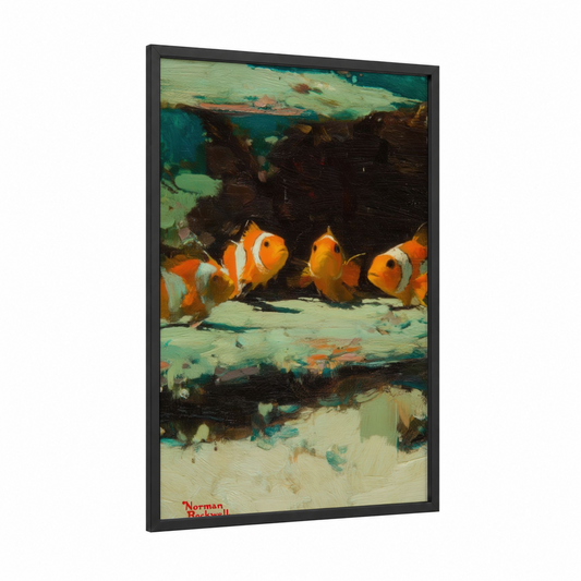 Clownfish Coral Reef framed clown fish print — black wood frame — orange and teal palette