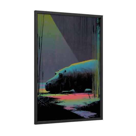 Neon Hippo framed art print — black wood frame — turquoise and lime green palette