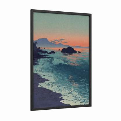 Coral Sunset Beach framed beach sunrise and sunsets print — black wood frame — teal and peach palette