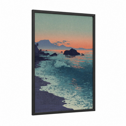 Coral Sunset Beach framed beach sunrise and sunsets print — black wood frame — teal and peach palette